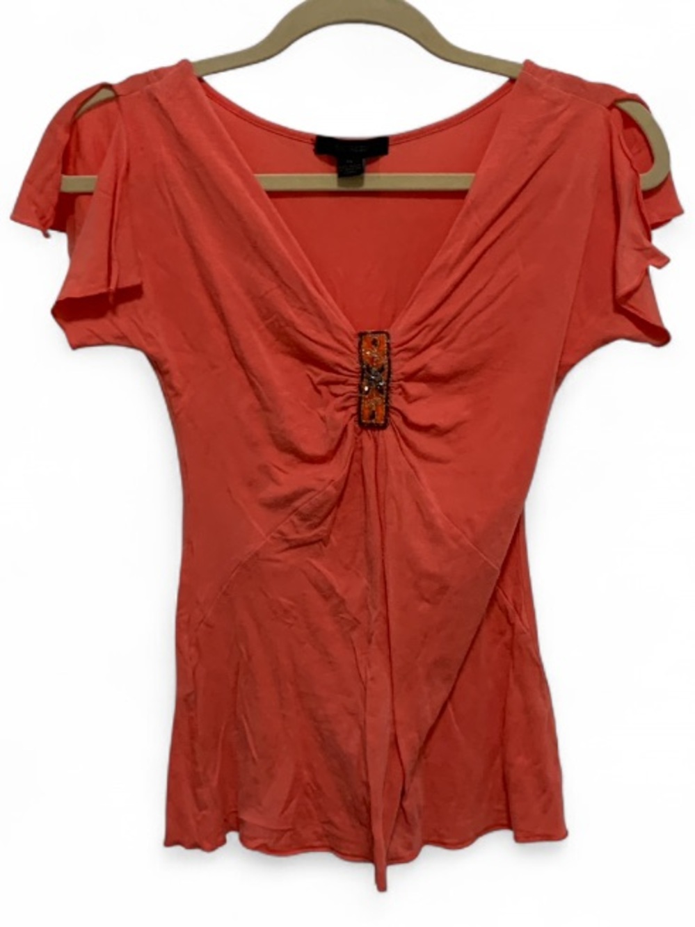 Y2K Express Orange Flutter Sleeves V-Neck Top with Decorative Front Buckle